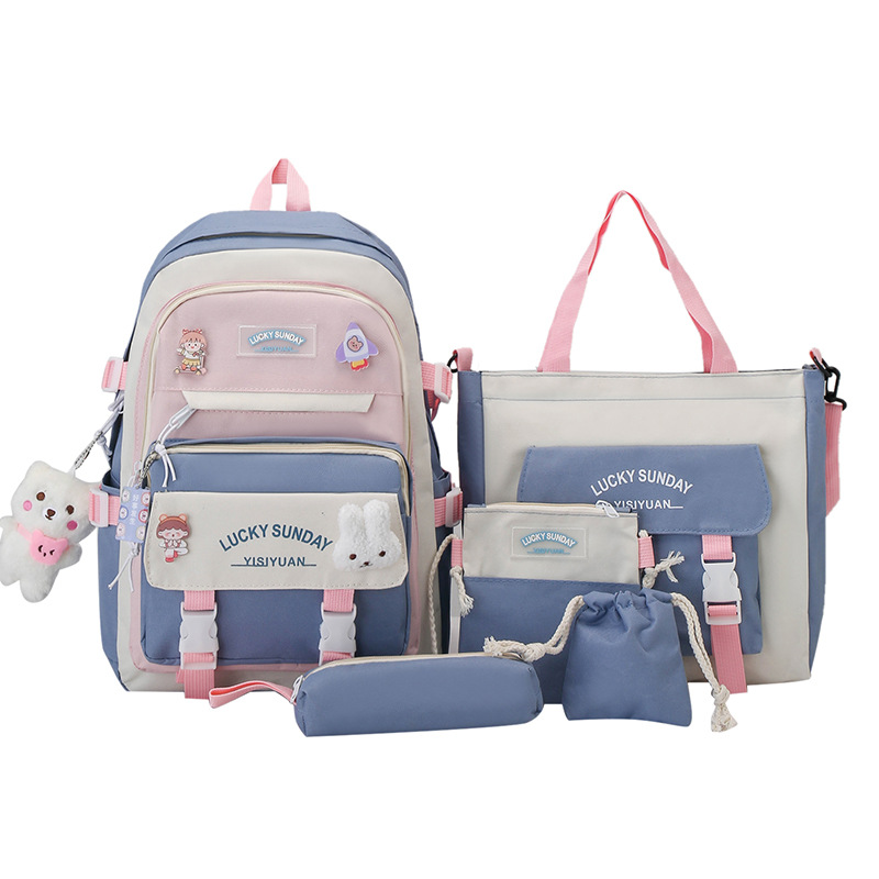 Junior High School High School Student Schoolbag Female Large Capacity Primary School Student Backpack New Casual Backpack Five-Piece Set Wholesale