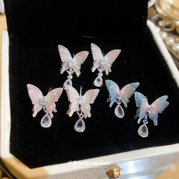 银针小清新蓝粉渐变蝴蝶锆石耳钉ins风甜美公主风百搭耳环耳饰女