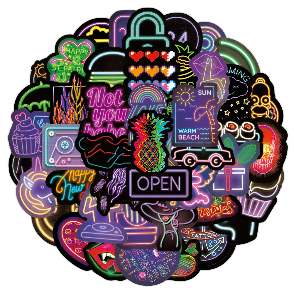 50张新款霓虹灯涂鸦贴纸汽车电动车水杯笔记本电脑冰箱水杯贴纸