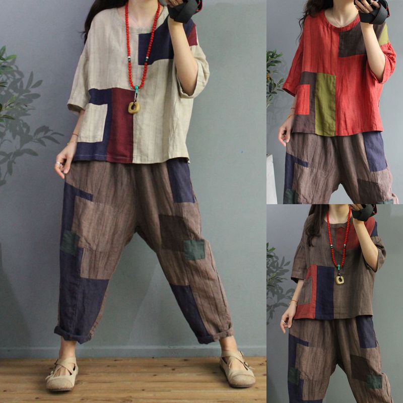 素若溪 乞丐服拼接棉麻t恤女 2021夏季新款宽松大码做旧个性上衣
