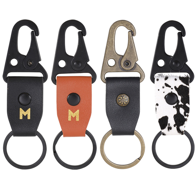 New Genuine Leather Retro Cows Pattern Leather Letter M Alloy Key Ring Automobile Hanging Ornament Cross-Border European and American Amazon