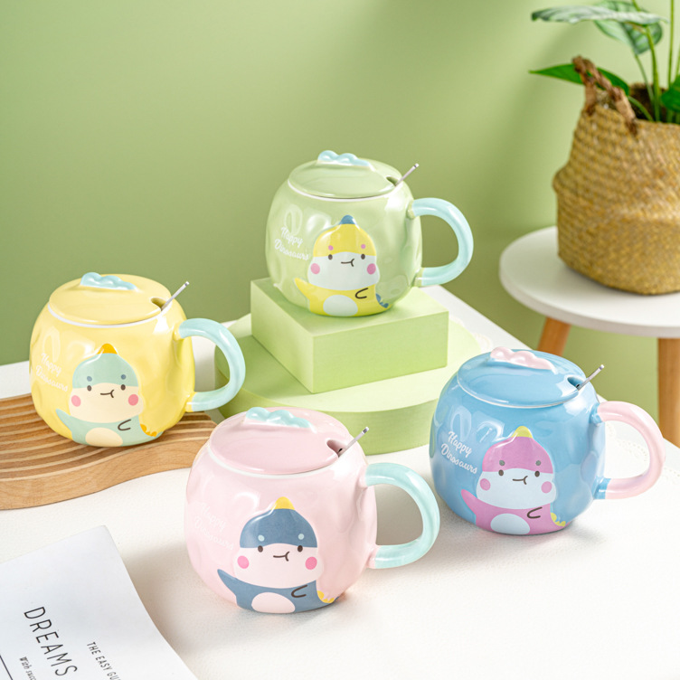 dinosaur ceramic cup cute ins gift mug couple water cup coffee cup with lid spoon wholesale