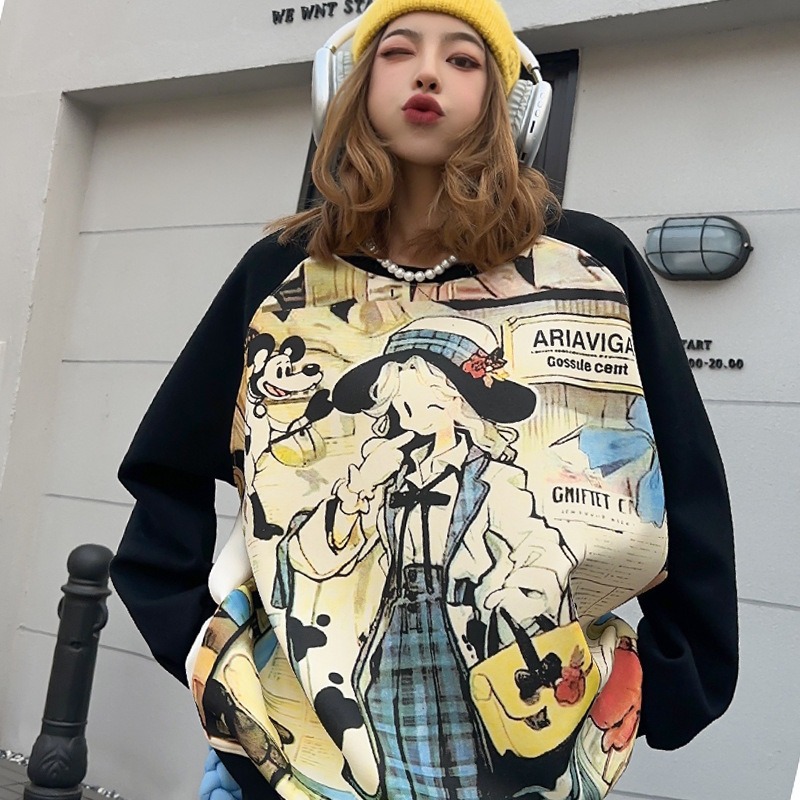 2024春季大码撞色拼接扎染趣味涂鸦图案卫衣女中长款宽松休闲上衣