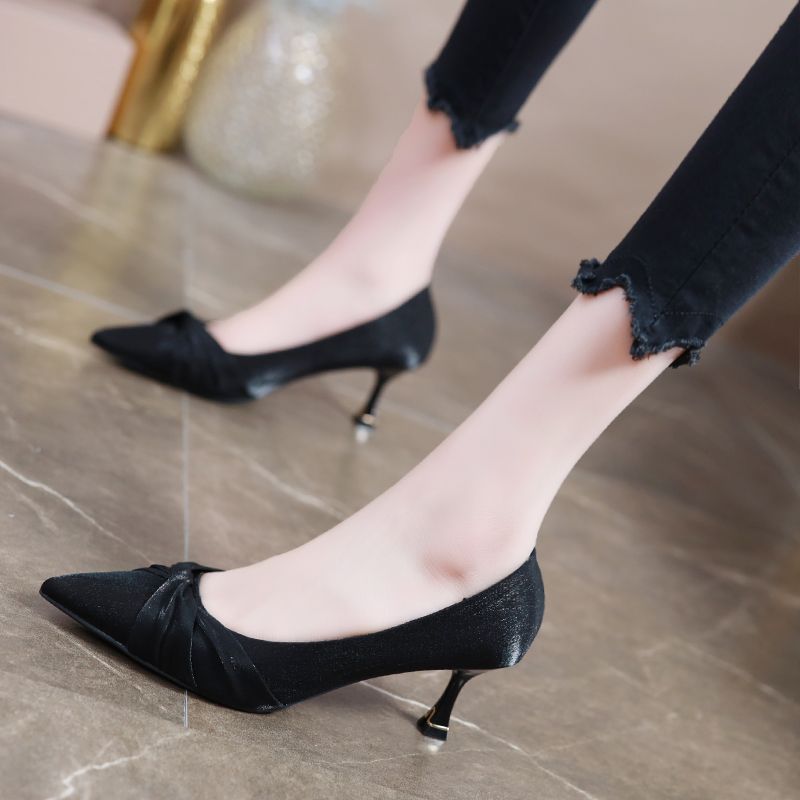 尖头高跟鞋5厘米细跟优雅感绸缎中跟2024年春秋季新款单鞋女-阿里巴巴