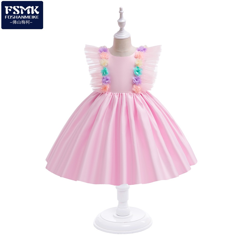 欧美亚马逊新款女童礼服飞袖缎面花朵儿童婚纱公主裙儿童舞会礼服