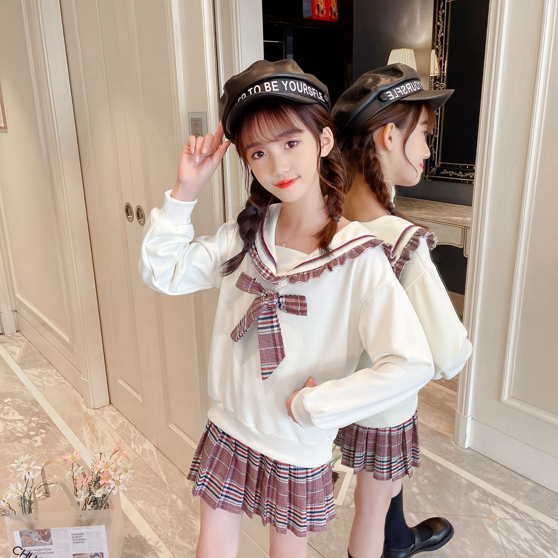 女童秋季jk套装短袖7小女孩学院风8格子套裙甜美夏天zk制服两件套