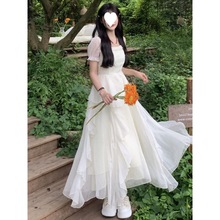 方领长款短袖初恋连衣裙白月光女2023秋季设计感收腰显瘦公主长裙