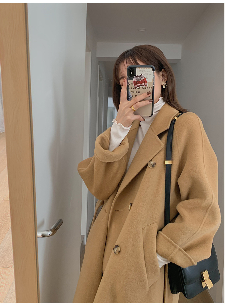 新款小个子奶茶色呢子大衣双面羊绒赫本驼色毛呢外套女秋冬5657