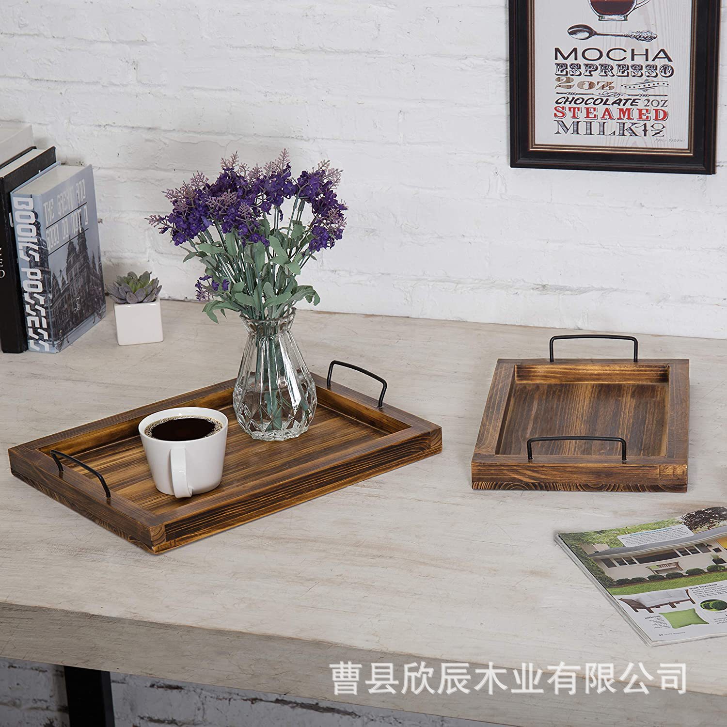 Tray Simple Style Wooden Square Belt Handle Desktop Tea Tray Water Glass Plate Hotel Afternoon Tea Wooden Plate