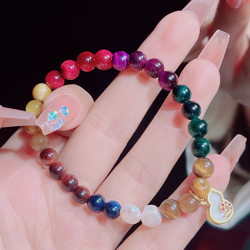 五彩虎眼石串珠手链天然淡水珍珠搭配复古葫芦挂坠手串虎眼石手链