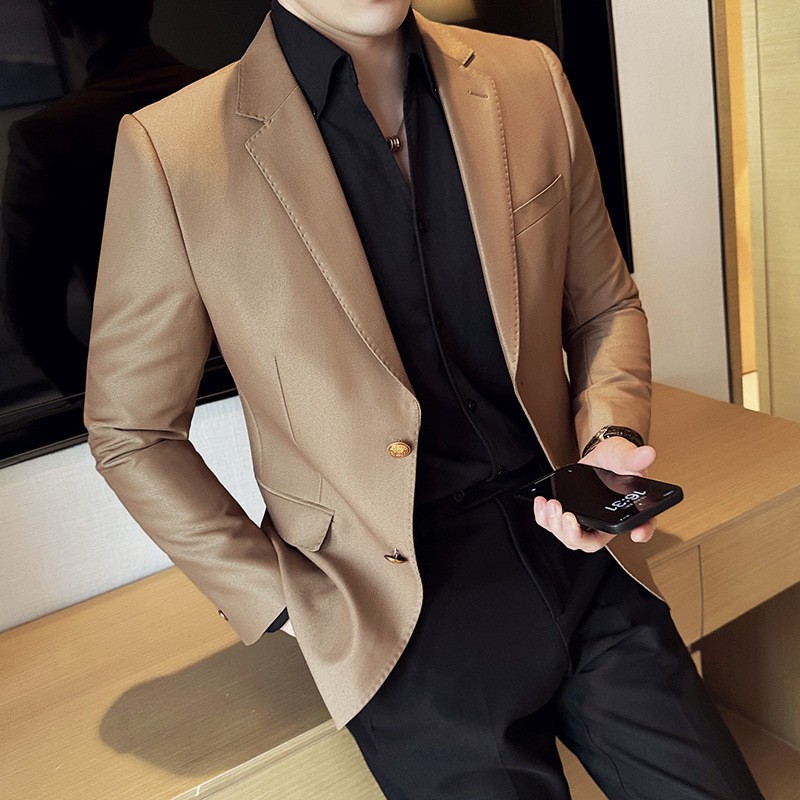 跨境新款春季男士西装外套 男两粒扣西服商务休闲质感金属扣单西