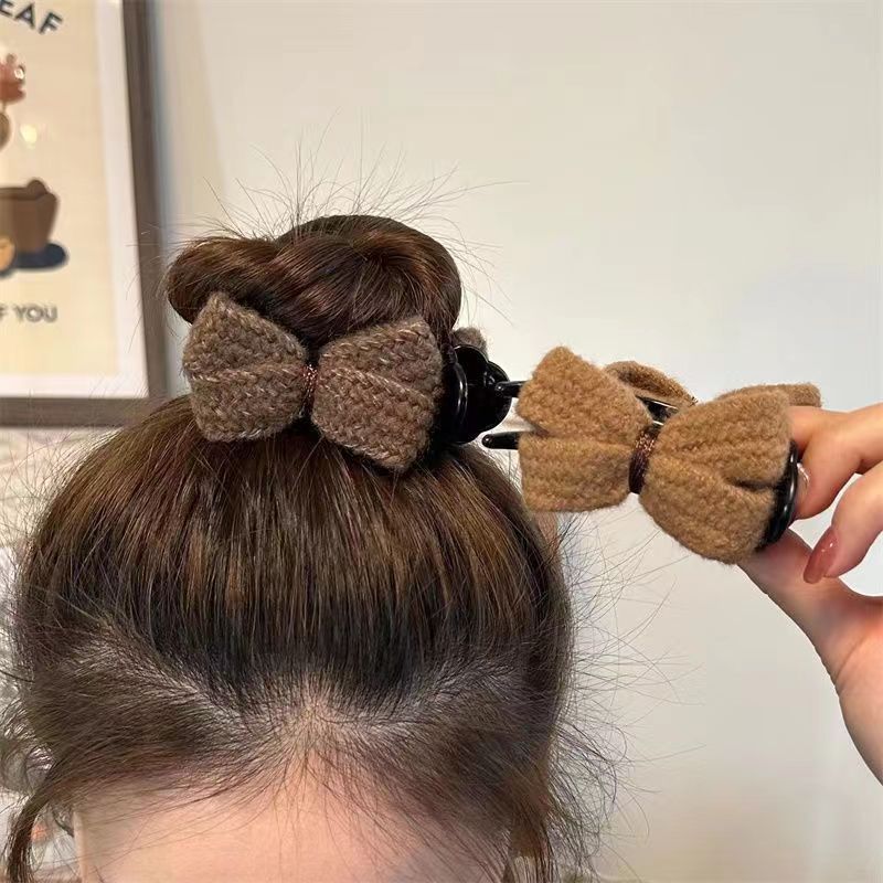 新款毛绒发饰森色系超仙甜美蝴蝶结丸子头抓夹女秋冬盘发发夹批发
