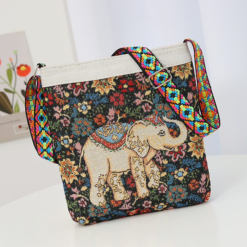 Bag Women's Crossbody Elephant Bag Canvas Bag National Style Embroidery Gold Thread Flower Cute Fashion Lady Phone Shoulder Bag