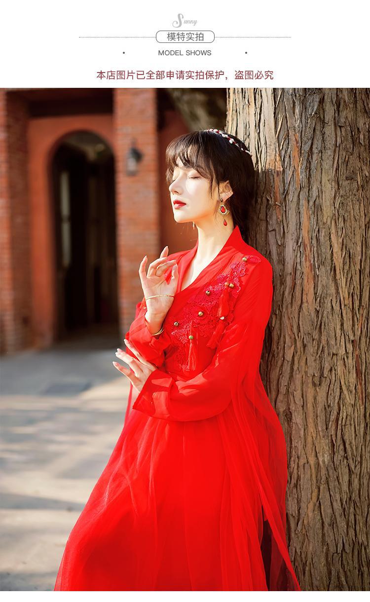 红色汉服女秋季中国风古装襦裙仙气古风套装改良连衣裙沙漠红裙