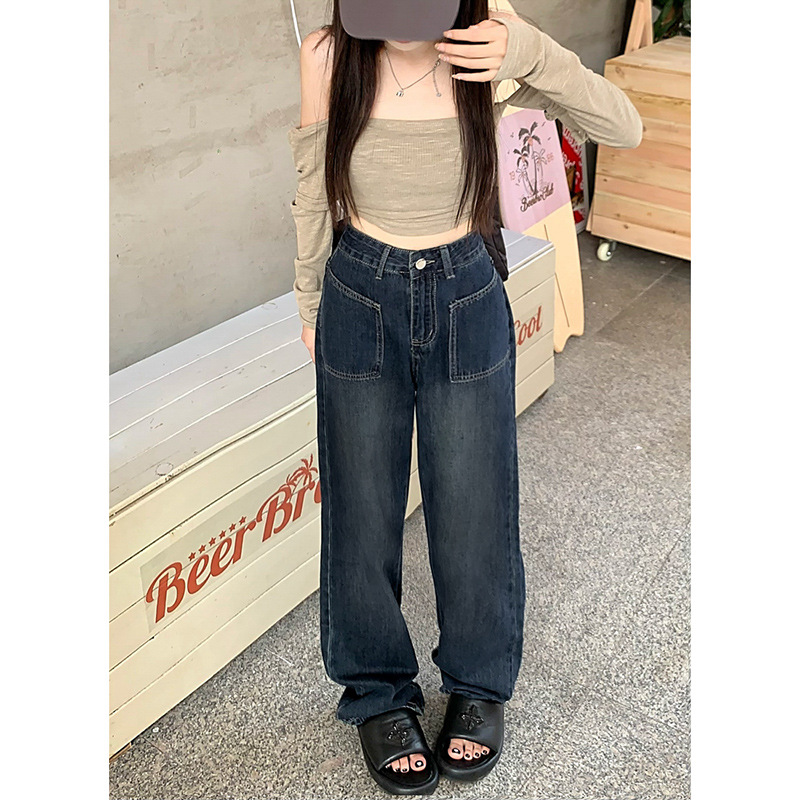   Retro High Waist Slimming Jeans Women's Autumn and Winter New European and American Straight-eg Pants Wide eg Mop Pants High Street Vibe Pants