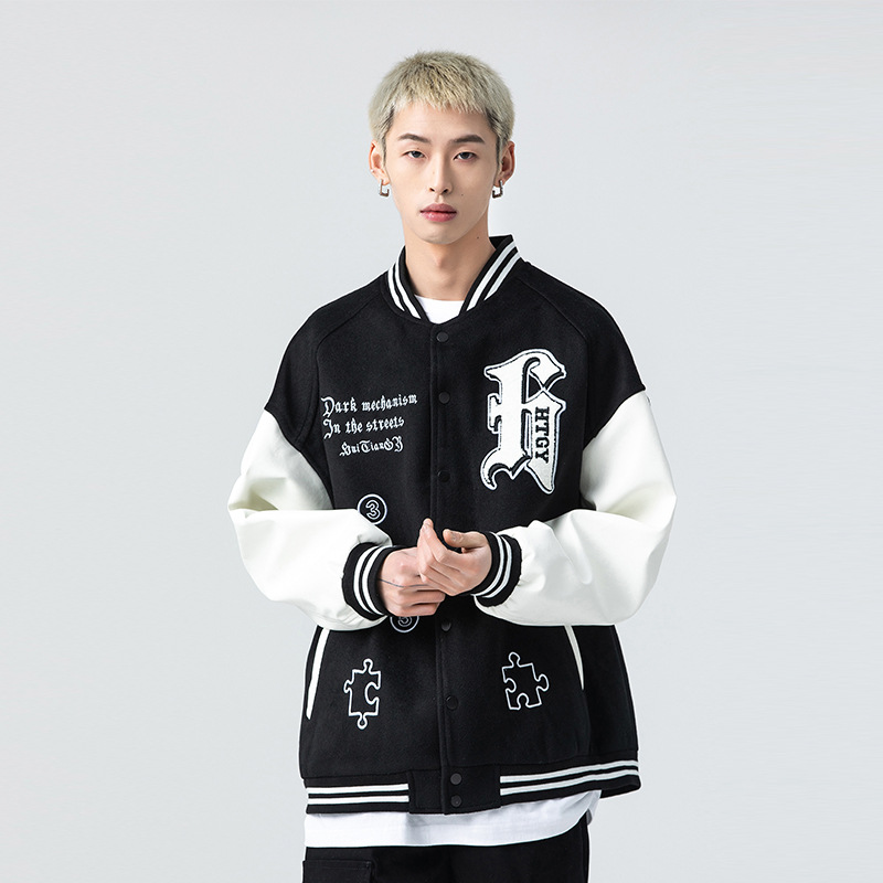 htgy汇田工业秋冬美式街头嘻哈皮袖毛呢棒球服男刺绣夹克国潮