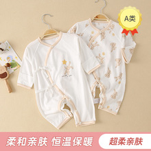 新生儿夏季薄款系带连体衣纯棉汗布夏款长袖连体衣空调服婴儿衣服