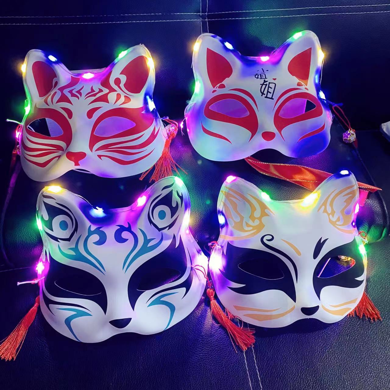 新款发光半脸猫狐狸面具抖音日式狐仙面具地摊景区灯光狐狸面具女
