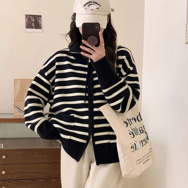 双拉链宽松韩版口袋条纹针织衫外套女2024秋冬立领针织开衫毛衣潮