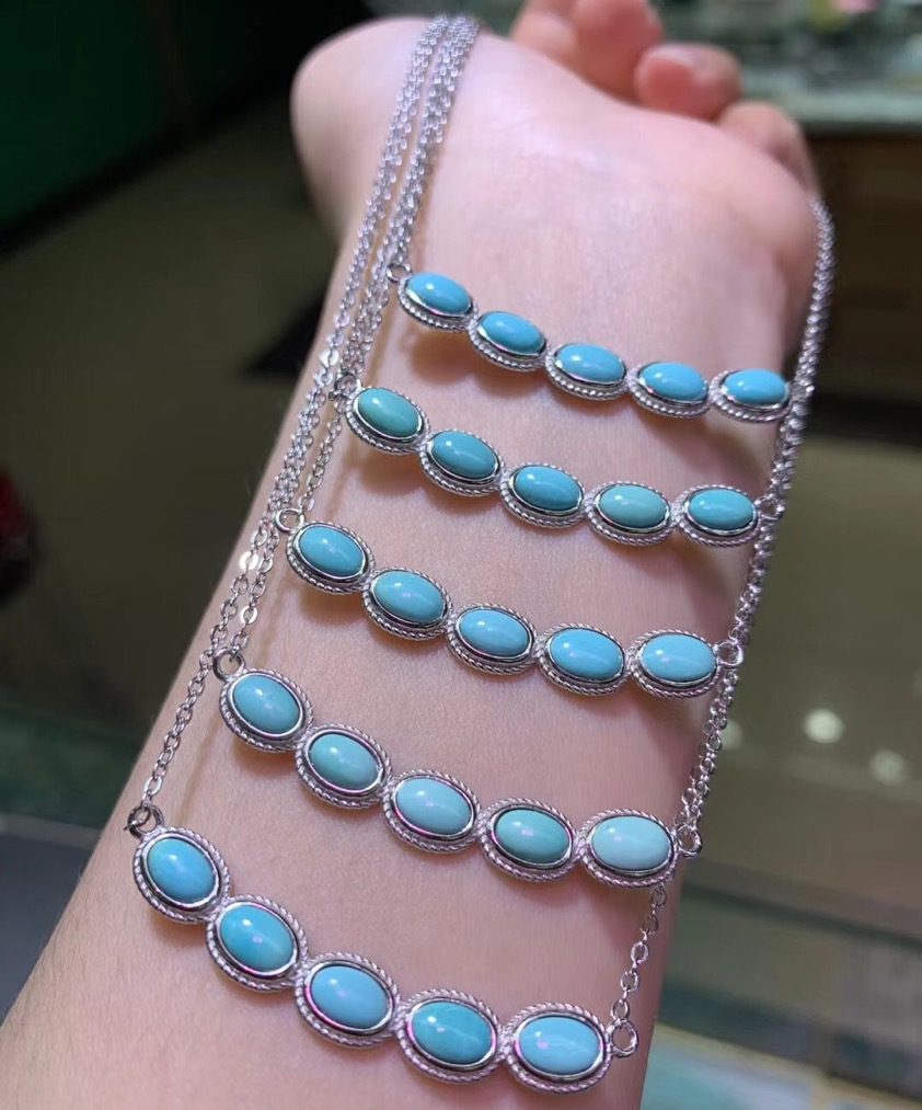 原矿无优化绿松石项链s925银镶嵌干净无杂瓷度好成色漂亮一手批发