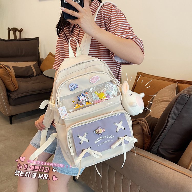 Japanese Campus College Style Fresh Creative Cute Bow Drawstring Transparent Soft Girl Student Backpack Schoolbag