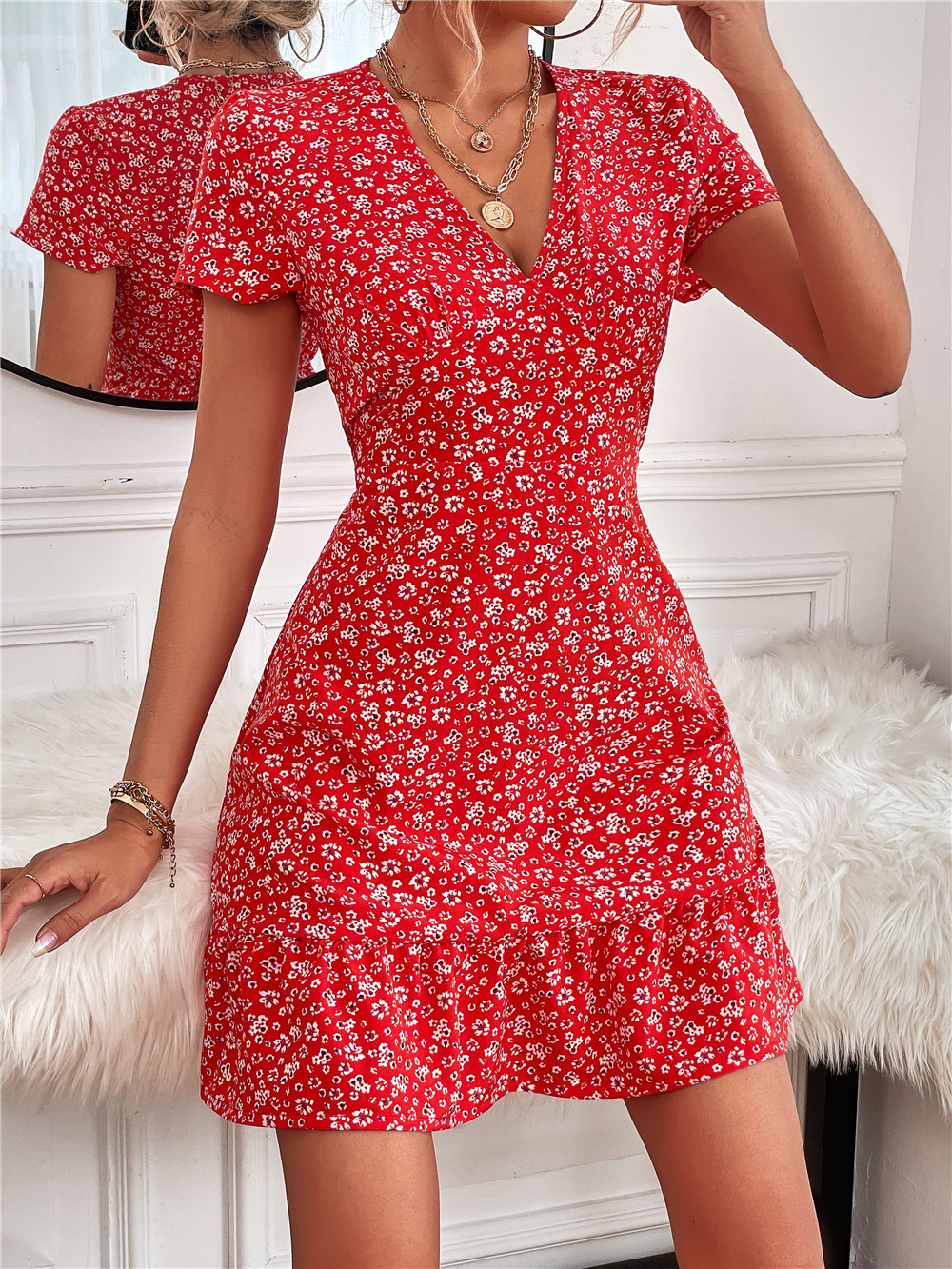 2022 Summer Europe and America Cross Border Exclusive Women's Clothing AliExpress Amazon Hot Selling V-neck Dotted Floral Dress for Women