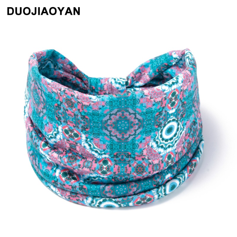 Amazon New Fashion Headband Bohemian Print Knotted Hair Band Wide Edge Elastic Closed Head Turban Hair Accessories