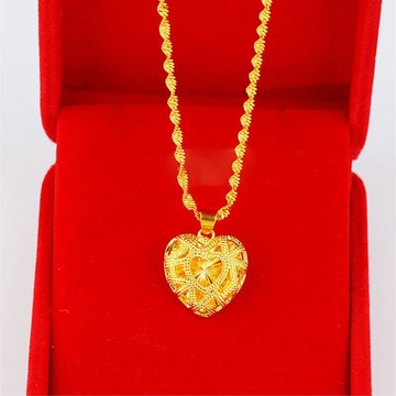 爱心吊坠沙金吊坠项链仿金欧币金镀24k镂空项坠锁骨项链久不掉色