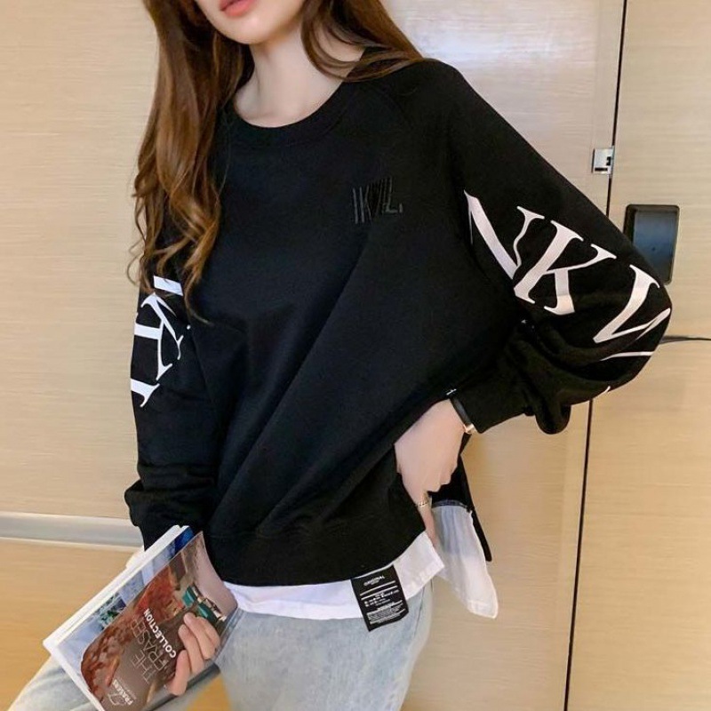 假两件秋季新款火卫衣女潮下摆两侧开叉上衣新款宽松外套女亚马逊