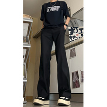 男生夏季冰丝西裤直筒垂感感黑色裤子高腰显瘦美式vibe微喇裤