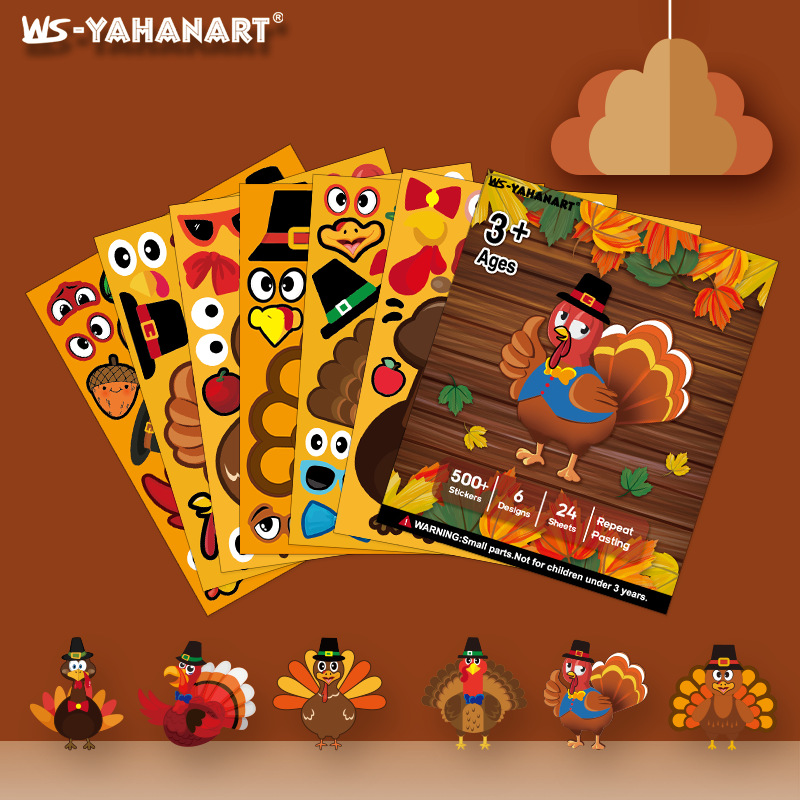 2023 new children‘s cartoon thanksgiving diy expression stickers turkey thanks autumn harvest party game stickers