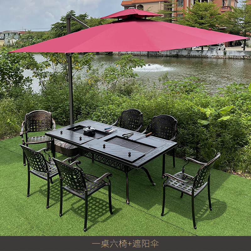 Outdoor Desk-Chair Cast Aluminum Barbecue Table Courtyard Garden Outdoor Iron Household Electric Smokeless Oven Dining Table Combination Furniture
