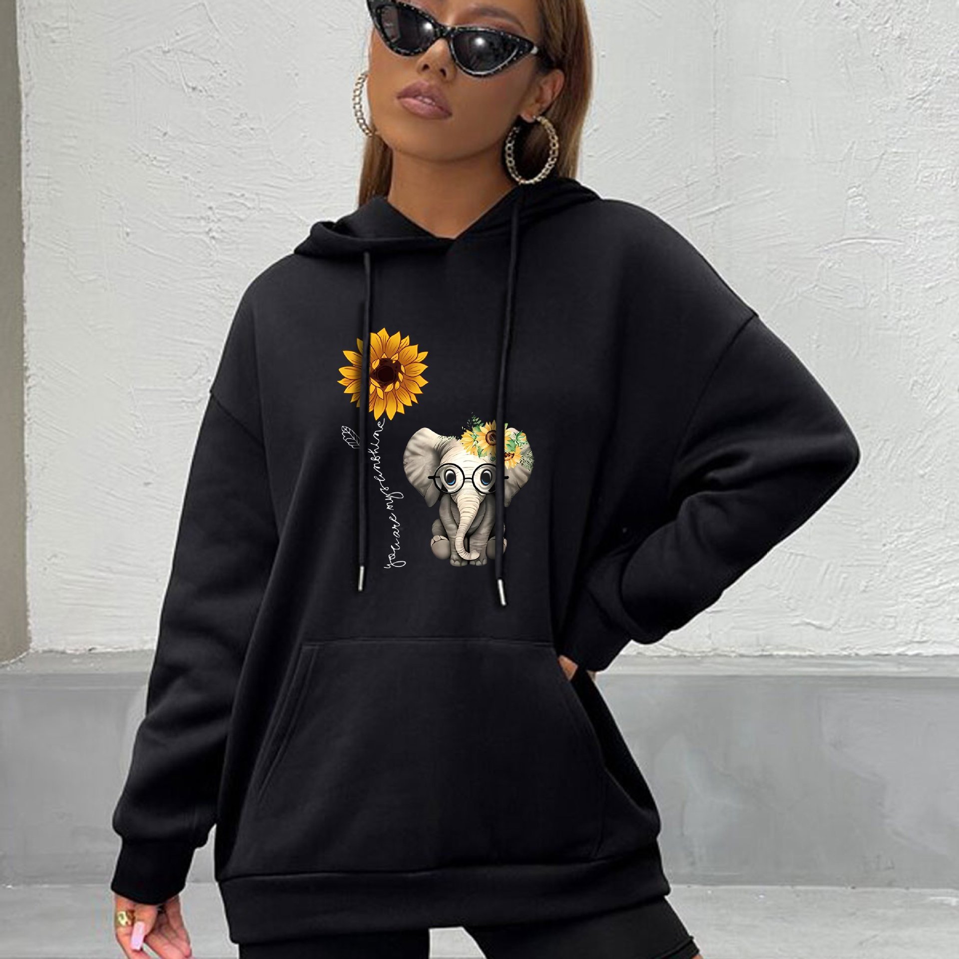 Cute Elephant Sunflower Print Hoodie Casual Drawstring