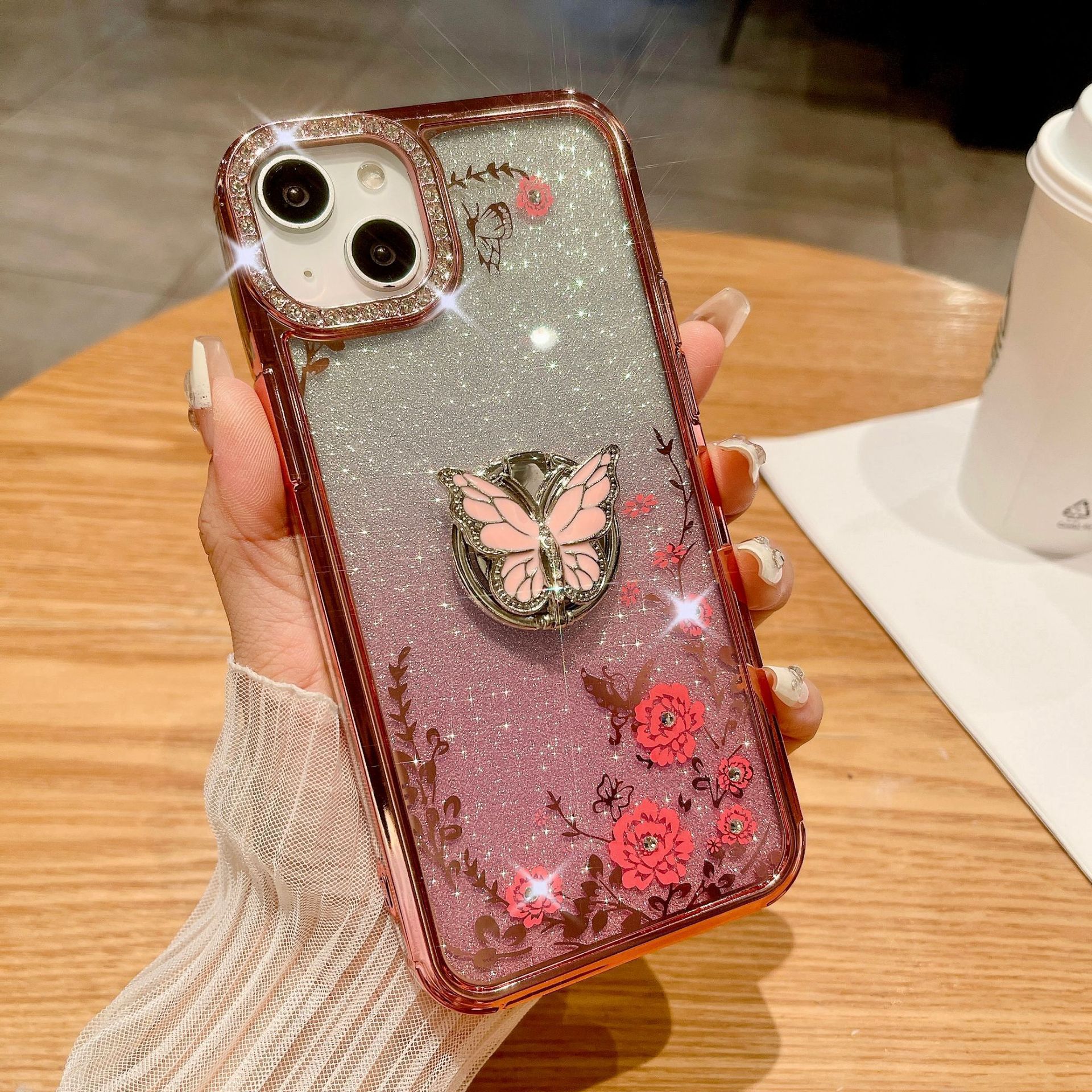 新款6D镜头镶钻渐变秘密花园蝴蝶支架适用iphone15手机壳电镀14pm