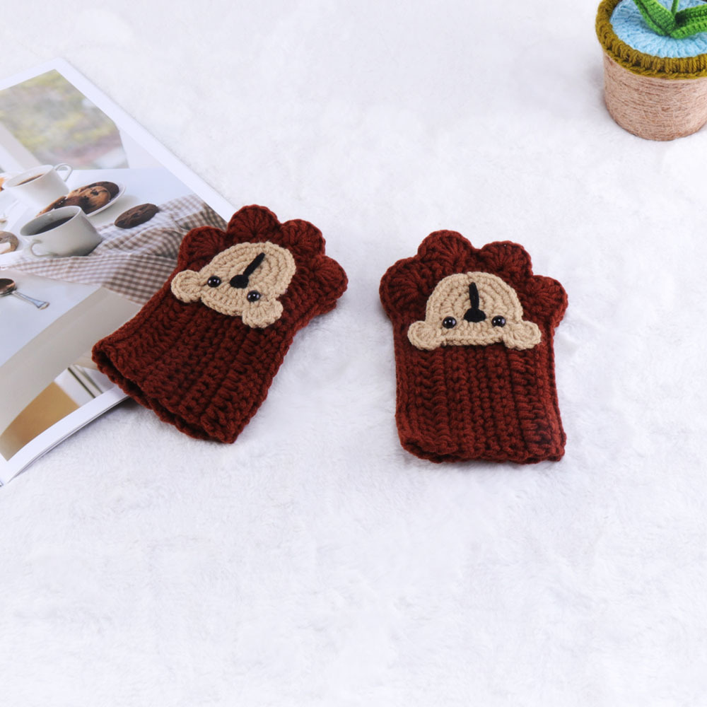 diy手套送女朋友小熊手织毛线手套 猫爪半指毛线手套手工编织情侣