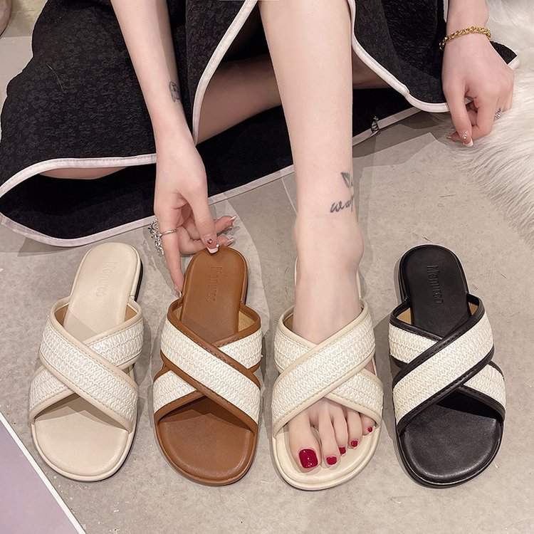 2024夏季新款复古休闲法式一脚蹬凉拖鞋子平底软底编织罗马凉鞋女