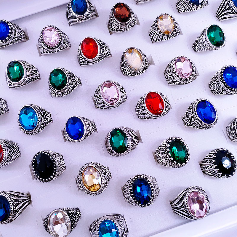 New Foreign Trade High Profile and Generous Colored Glass Ring Index Finger Crystal Gem Exported to Europe and America Retro Ancient Silver Accessories