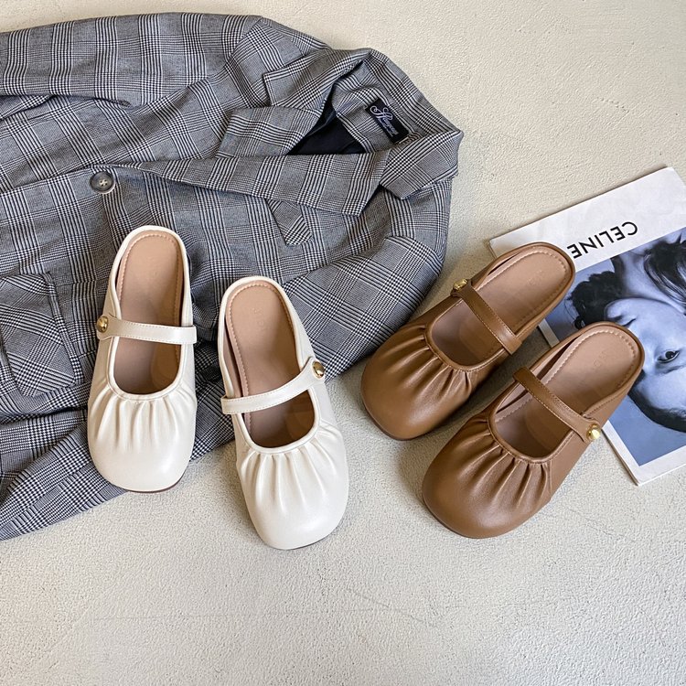 包头半拖鞋女外穿2024年春夏新款法式平底褶皱休闲懒人甜美穆勒鞋
