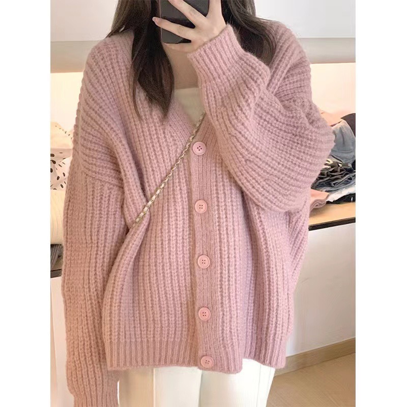 加厚慵懒风棒针粗线长袖毛衣女软糯纯色秋冬复古宽松针织开衫外套