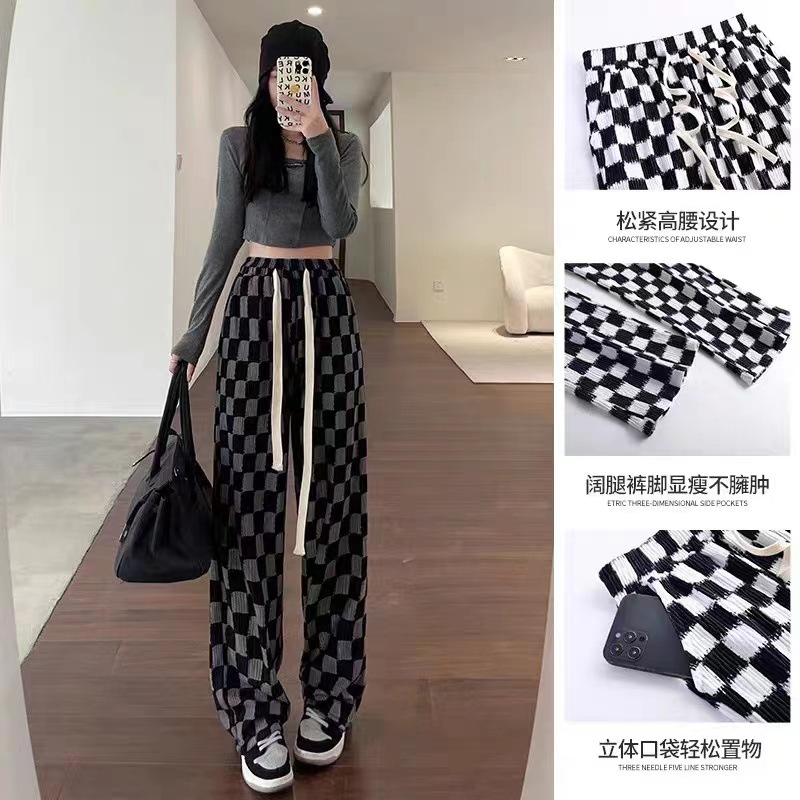 Chessboard Plaid Wide-Leg Pants for Women Spring and Autumn 2022 New High Waist Loose Straight Casual Mop Plaid Velvet Pants