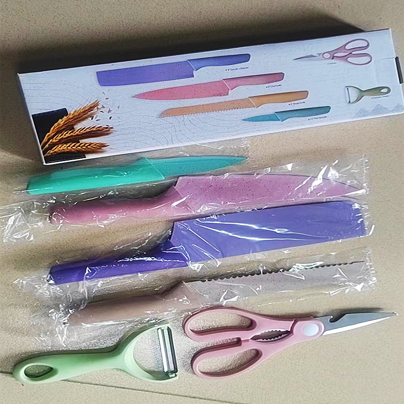 Kitchen Knife Kit Wheat Straw Knife Set Color Straw 6-Piece Gift Macaron Color Knife in Stock