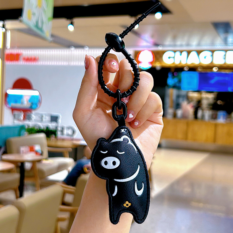 Creative Cartoon Leather Pendant Emoji Cat Keychain Automobile Hanging Ornament Couple Lovely Bag Accessories Gift Wholesale