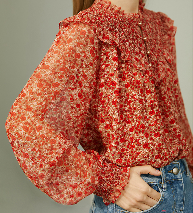 木耳边碎花红色真丝衬衫女长袖2021新款时尚洋气厚桑蚕丝上衣