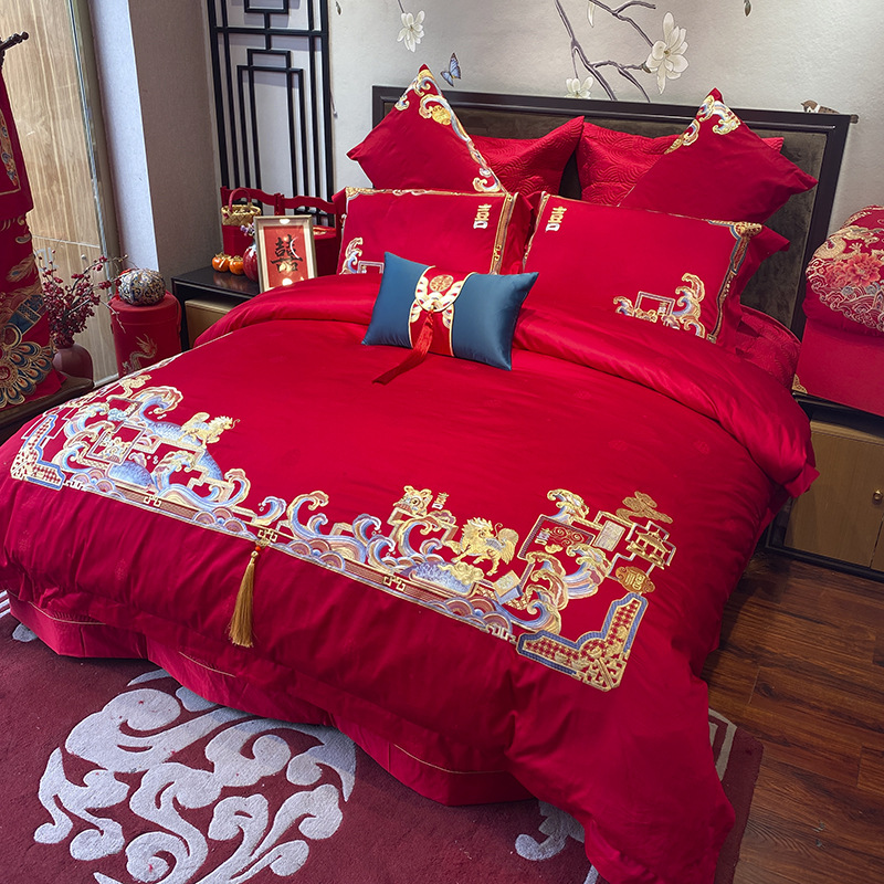 九喜狐婚庆家纺麒麟刺绣红色四件套结婚床上用品100支全棉-阿里巴巴