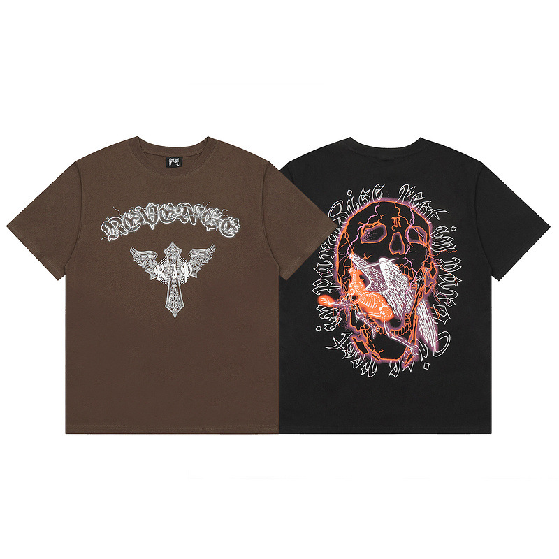 欧美高街潮牌revenge复仇者翅膀骷髅头图案短袖男女同款打底衫
