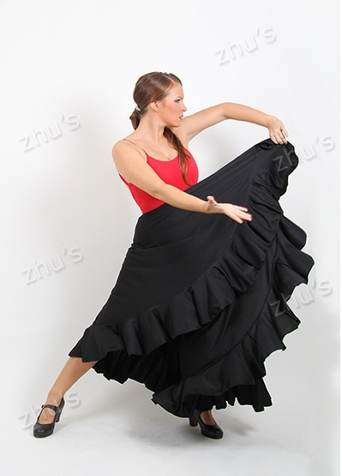 单层荷叶边弗拉明戈舞裙大摆摩登舞练习裙肚皮舞西班牙斗牛舞红裙
