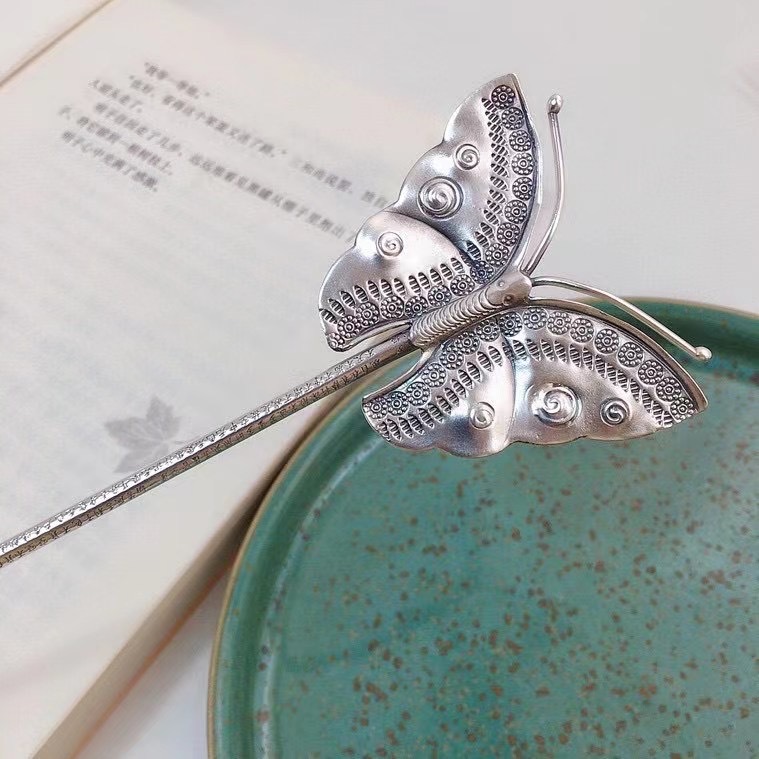 纯银999银发簪女心经复古风民族风做旧气质素簪步摇汉服盘发头饰