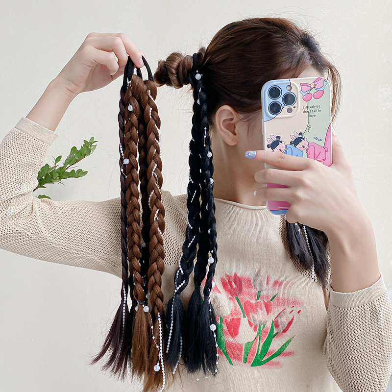 拳击辫假发珍珠款式双马尾头绳网红自然麻花辫发圈绑发式仿真发丝