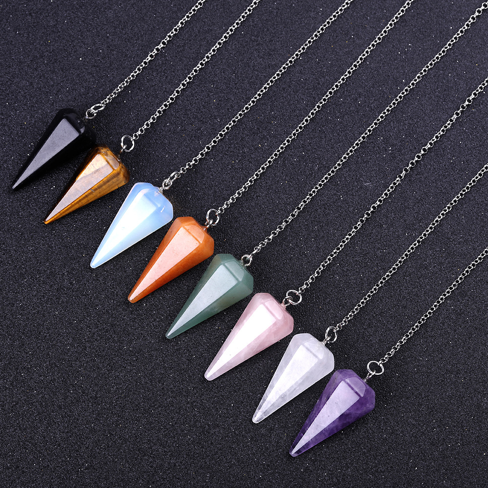 跨境饰品亚马逊新品热销天然石头六角锥能量石吊坠蛇链白水晶灵摆