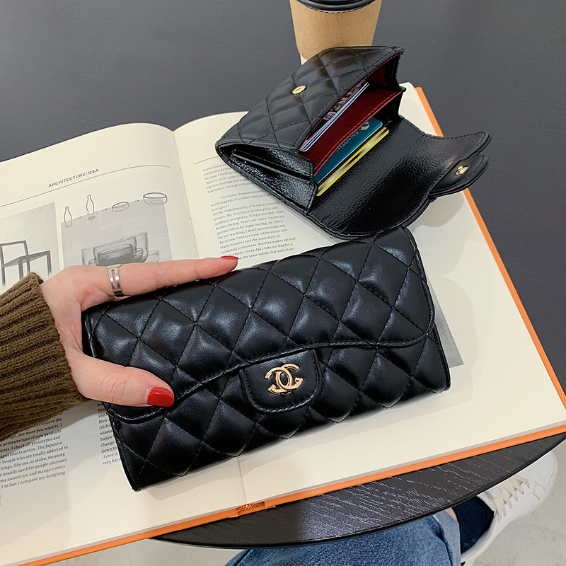 2022 New Embroidery Thread Rhombus Long Wallet Casual Large Capacity Women's Classic Style Mini Buckle Coin Purse Card Clamp